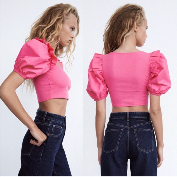 Zara Tops - Zara Pink Balloon Ruffle Puff Sleeve Square Neck Rib Cropped Top Size L